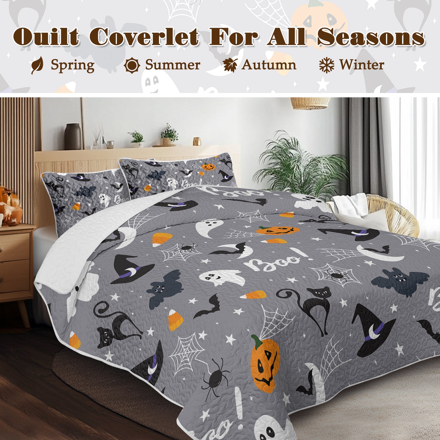 3-Piece Soft Lightweight Halloween Pumpkin Print Coverlet Set | Comfortable & Breathable Bedding for Kids, Teens, and Adults