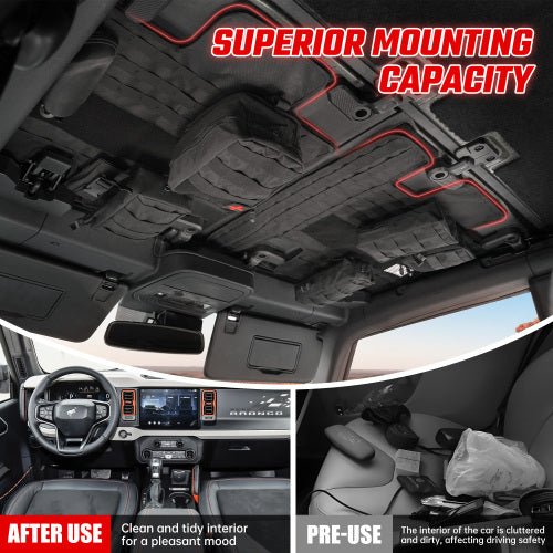 Overhead MOLLE Panel Storage System for Ford Bronco (2021 - 2024, 2/4 - Door) | Roof Liner Organizer with 5 Detachable Tactical Pouches - The Vibe Haven