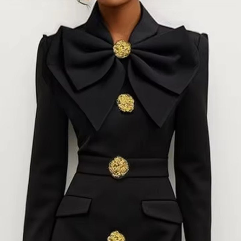 Women's Solid Color Long Sleeve Bodycon Elegant Button Midi Dress With Slit Spring Fall Fashion Bow Accent Dress - The Vibe Haven