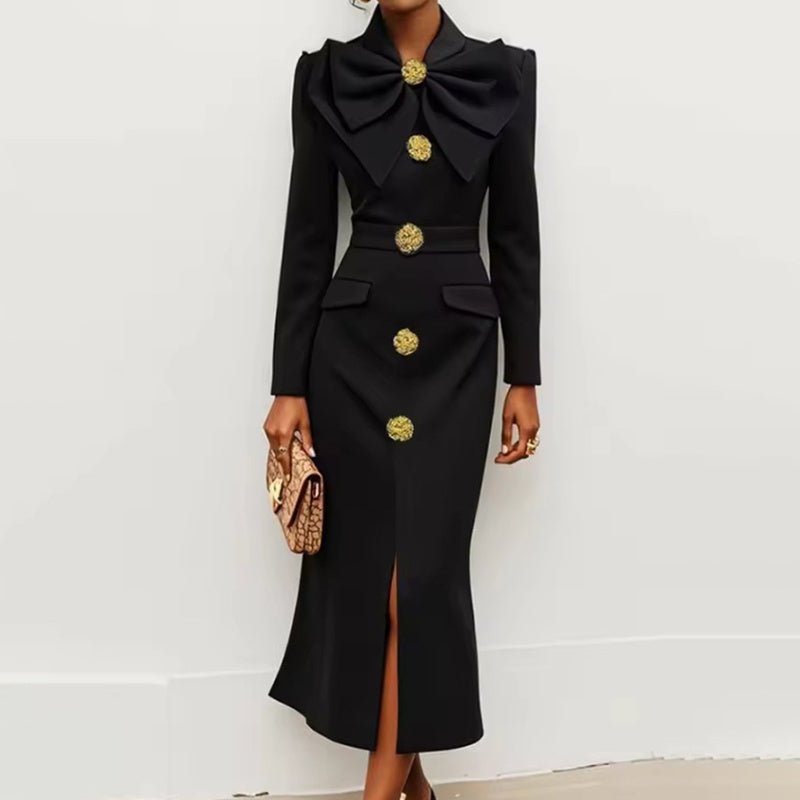Women's Solid Color Long Sleeve Bodycon Elegant Button Midi Dress With Slit Spring Fall Fashion Bow Accent Dress - The Vibe Haven