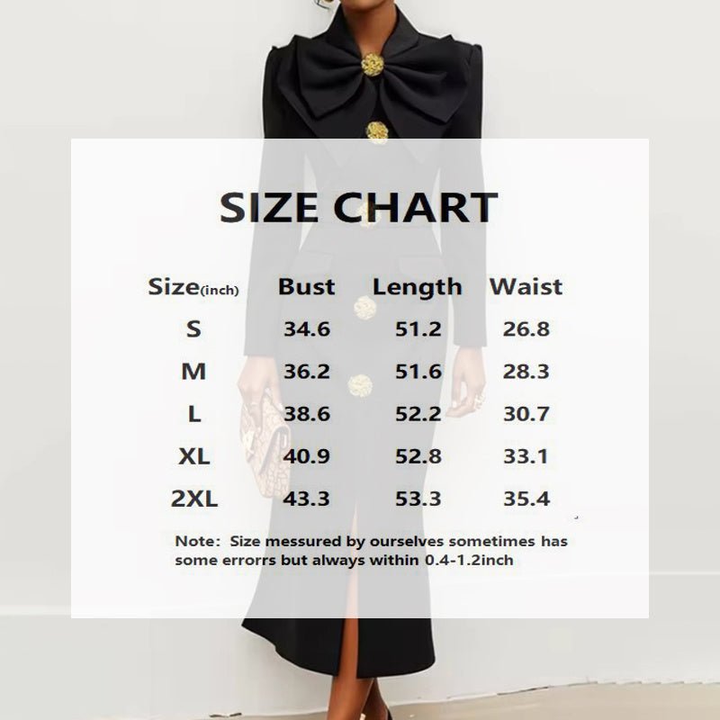 Women's Solid Color Long Sleeve Bodycon Elegant Button Midi Dress With Slit Spring Fall Fashion Bow Accent Dress - The Vibe Haven