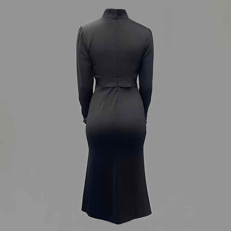 Women's Solid Color Long Sleeve Bodycon Elegant Button Midi Dress With Slit Spring Fall Fashion Bow Accent Dress - The Vibe Haven