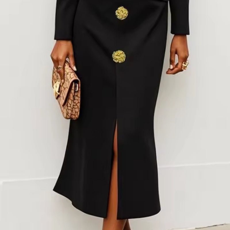 Women's Solid Color Long Sleeve Bodycon Elegant Button Midi Dress With Slit Spring Fall Fashion Bow Accent Dress - The Vibe Haven