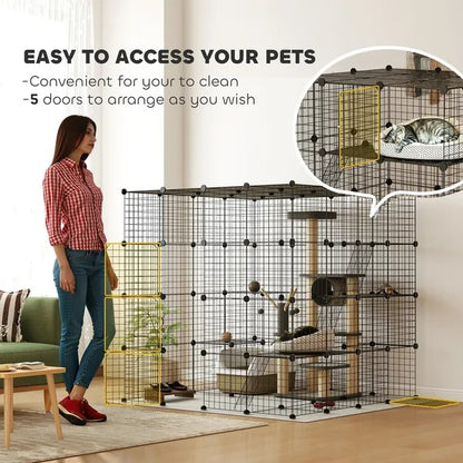 Detachable Metal Cat Cage With Platforms, Ramps, Accessories, For 1-3 Cats, 55 Inch, Black