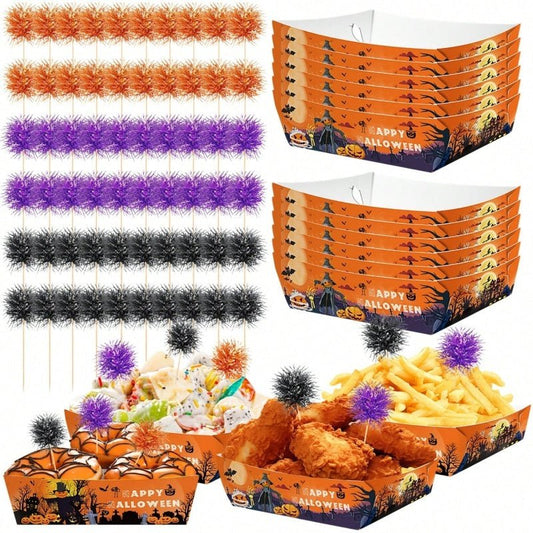 12Pcs Halloween Paper Trays With Orange Black Purple Foil Frill Toothpicks Disposable Serving Trays Scary Halloween Theme Snack Bowl For Halloween Cupcake Baking Creative Dessert Toppers - The Vibe Haven