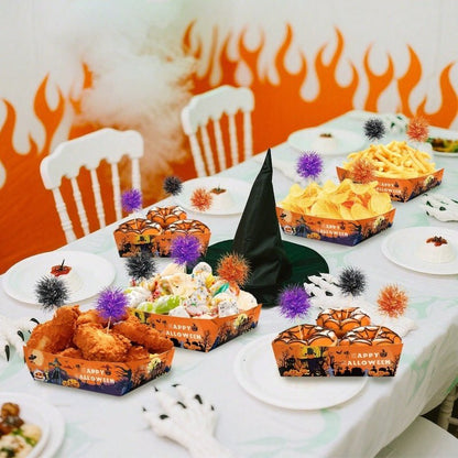 12Pcs Halloween Paper Trays With Orange Black Purple Foil Frill Toothpicks Disposable Serving Trays Scary Halloween Theme Snack Bowl For Halloween Cupcake Baking Creative Dessert Toppers - The Vibe Haven