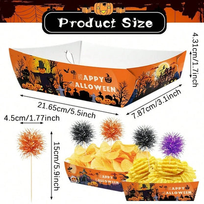 12Pcs Halloween Paper Trays With Orange Black Purple Foil Frill Toothpicks Disposable Serving Trays Scary Halloween Theme Snack Bowl For Halloween Cupcake Baking Creative Dessert Toppers - The Vibe Haven