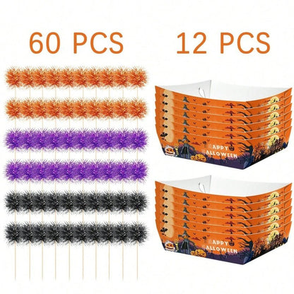 12Pcs Halloween Paper Trays With Orange Black Purple Foil Frill Toothpicks Disposable Serving Trays Scary Halloween Theme Snack Bowl For Halloween Cupcake Baking Creative Dessert Toppers - The Vibe Haven