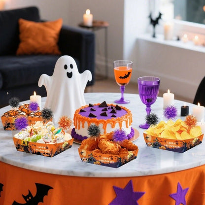 12Pcs Halloween Paper Trays With Orange Black Purple Foil Frill Toothpicks Disposable Serving Trays Scary Halloween Theme Snack Bowl For Halloween Cupcake Baking Creative Dessert Toppers - The Vibe Haven