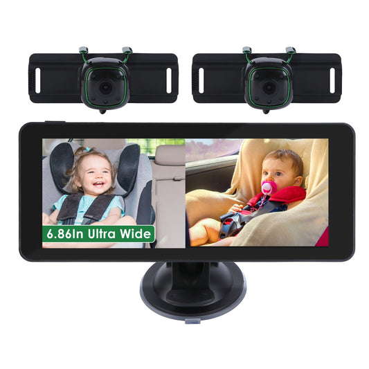 1080P Baby Car Camera For 2 Kids Dual Channel Car Baby Monitor Rear Facing Car Seat Camera With 120Degree Wide View 6.86In HD Split Screen Night Vision