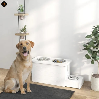 Elevated Dog Bowls With Slow Feeder Mat, Storage Cabinet, 3 Stainless Steel Bowls For Large & Extra Large Dogs, White