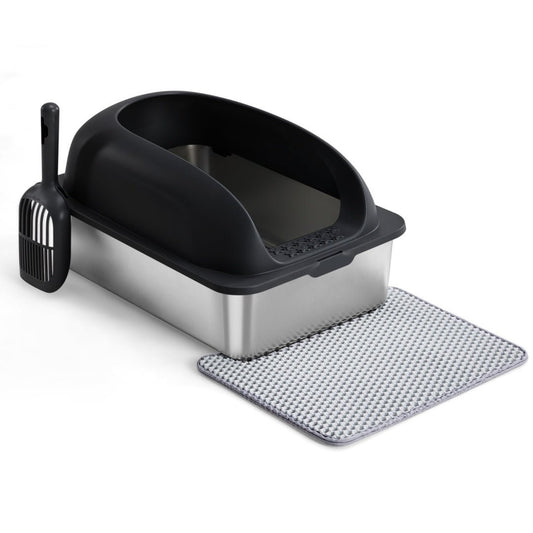 3in1 Stainless Steel Cat Litter Box With Lid, Large Cat Litter Box For Big Cats, Scoop And Mat Included Set - The Vibe Haven
