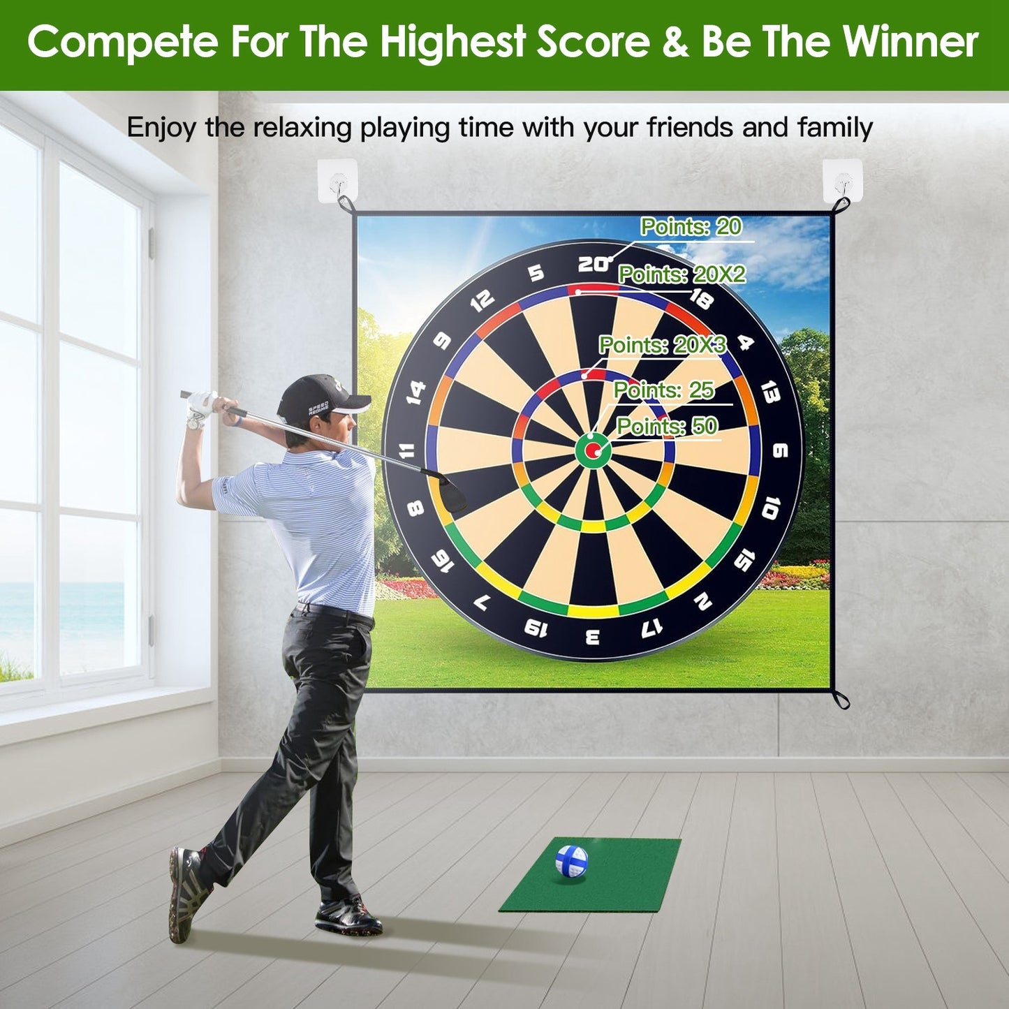 Premium Golf Chipping Game & Training Mat Set – 20 Sticky Balls, Ground Stakes, and Portable Carry Bag Included