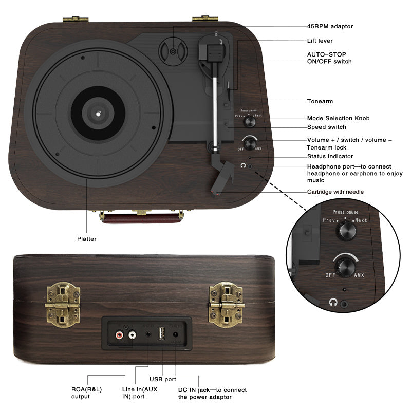 Premium Record Player A3 Belt-Drive Turntable with Integrated Stereo Speakers