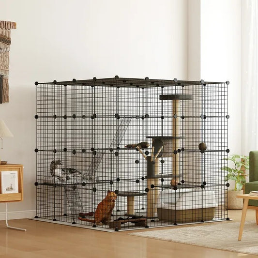 Detachable Metal Cat Cage With Platforms, Ramps, Accessories, For 1-3 Cats, 55 Inch, Black