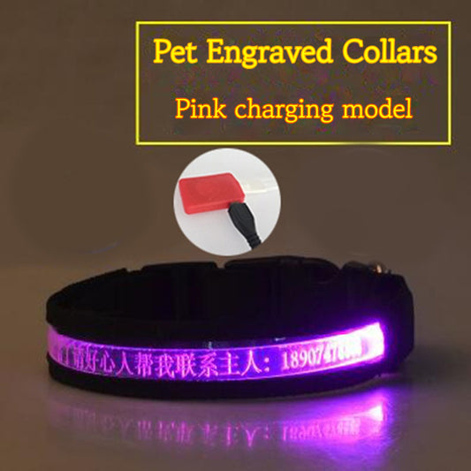 Customizable Pet Glow Collar Radium Carved Lettering Dog Collar