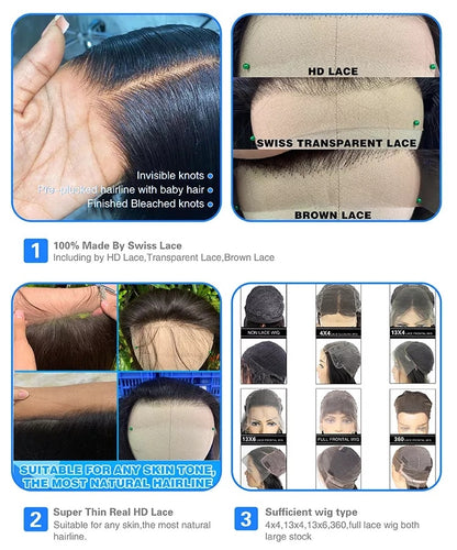 6x4 Density Virgin Human Hair Wigs Brazilian Virgin Raw Hair Transparent Lace Front Pre-Plucked Bleached Knots
