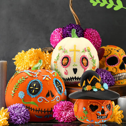 4pcs Halloween Decorations, Halloween Skull Pumpkin Statue Decorations, Pumpkin Halloween Decorations, Mexican Holiday Party Supplies