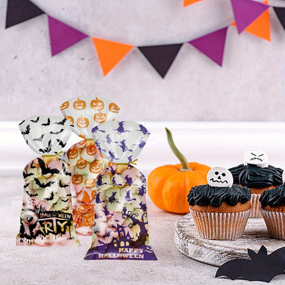 200 Pcs Halloween Cellophane Bags With Twists 4 Styles Snacks Cookies Packing Bags Pumpkin Bat Castle Witch Plastic Clear Candy Bags For Halloween Trick Or Treat Party Favor Supplies