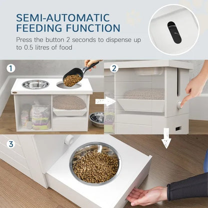 Elevated Dog Bowls With Slow Feeder Mat, Storage Cabinet, 3 Stainless Steel Bowls For Large & Extra Large Dogs, White