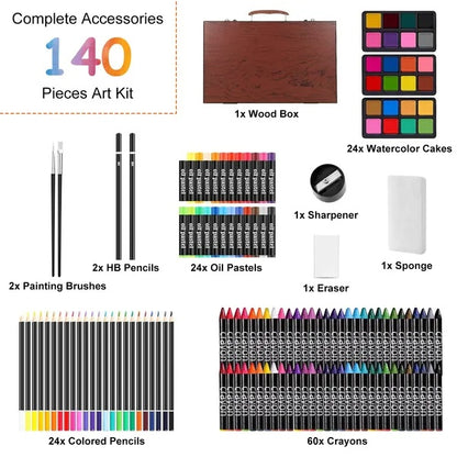 140Pcs Art Supplies With Colored Pencils Oil Pastels Crayons, Watercolor Cakes Brushes Sharpener Eraser In Elegant Wooden Box Professional Art Kit For Kids Adults Beginners Pros