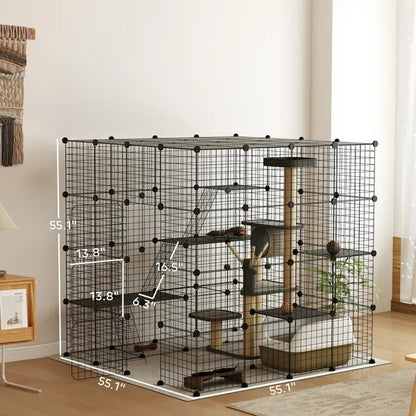 Detachable Metal Cat Cage With Platforms, Ramps, Accessories, For 1-3 Cats, 55 Inch, Black