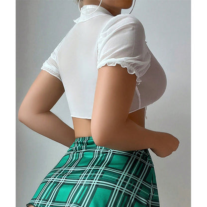 Sexy Underwear Top Tartan Skirt T Back Three-piece Set