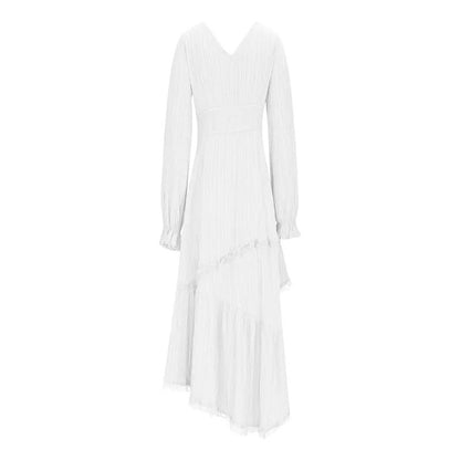 Women's Solid Color Deep V-Neck Irregular Ruffle Hem Sexy Tie-Waist With Cuffed Sleeves Summer Gothic Lace Trim Midi Dress