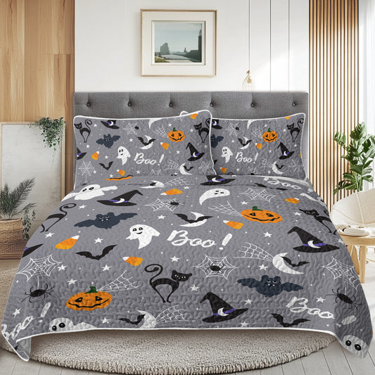 3-Piece Soft Lightweight Halloween Pumpkin Print Coverlet Set | Comfortable & Breathable Bedding for Kids, Teens, and Adults