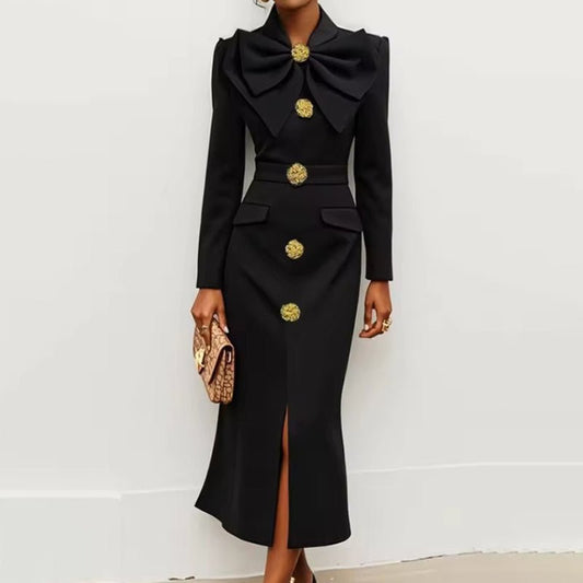 Women's Solid Color Long Sleeve Bodycon Elegant Button Midi Dress With Slit Spring Fall Fashion Bow Accent Dress - The Vibe Haven