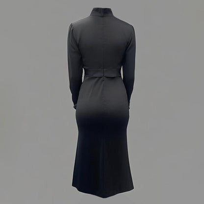 Women's Solid Color Long Sleeve Bodycon Elegant Button Midi Dress With Slit Spring Fall Fashion Bow Accent Dress - The Vibe Haven